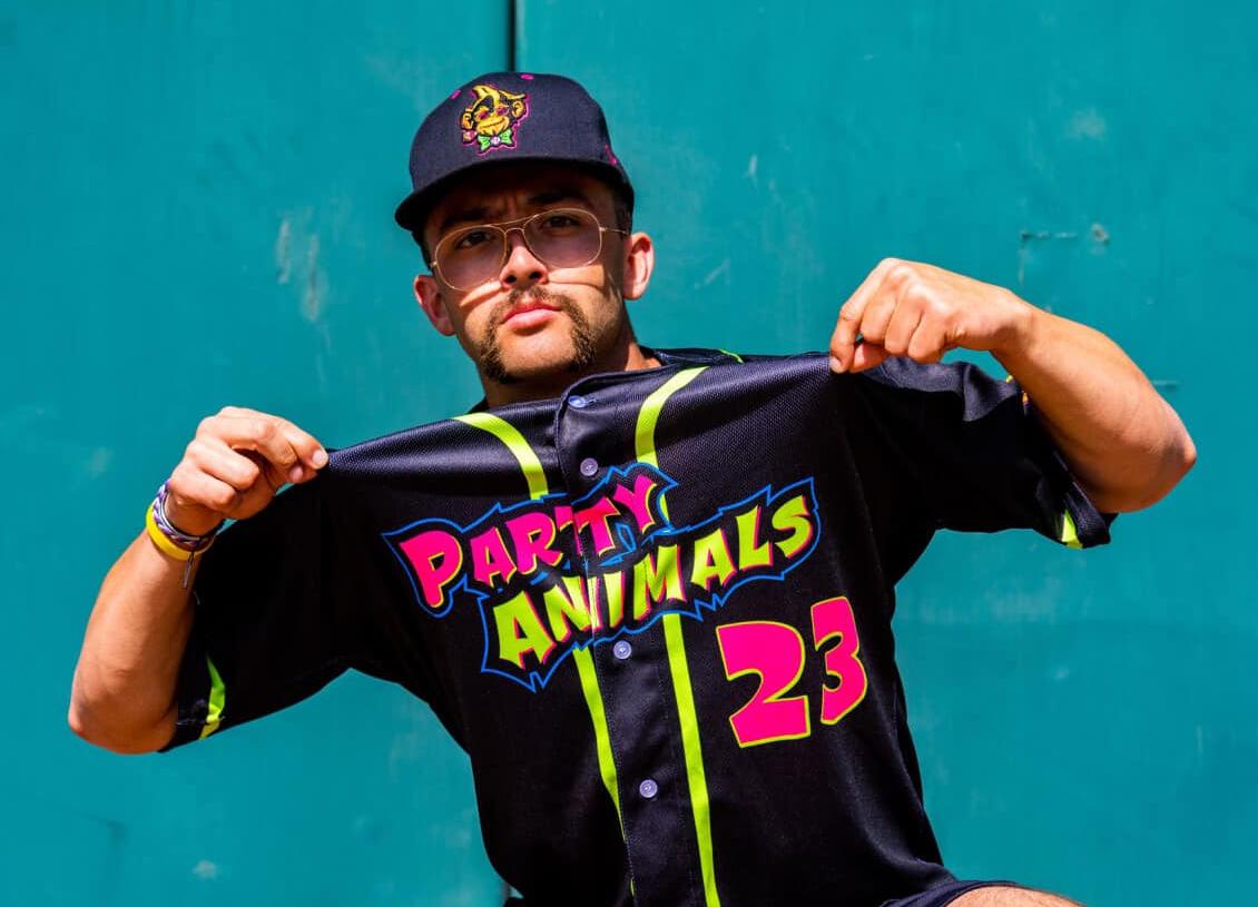 Garrett DeCllue donning a Parth Animals jersey. DeClue is playing in the Savannah Bananas organization.