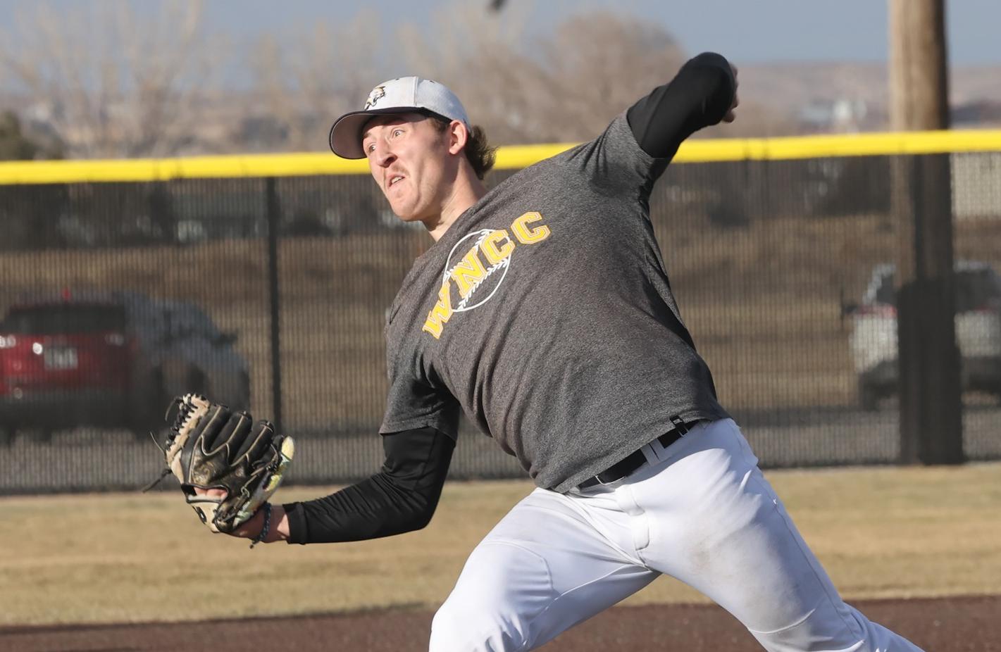 Matt Hazzard delivers a pitch during a practice session Friday at Cleveland Field. WNCC opens the season Friday in New Mexico.