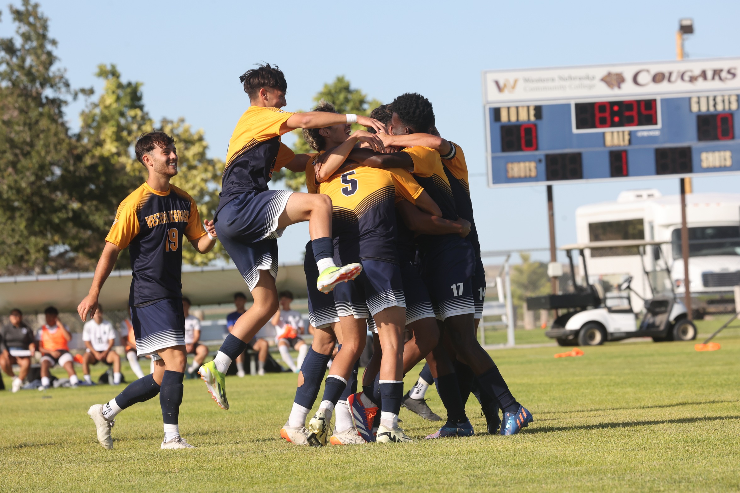 WNCC men celebrate a goal against Lamar on September 21.