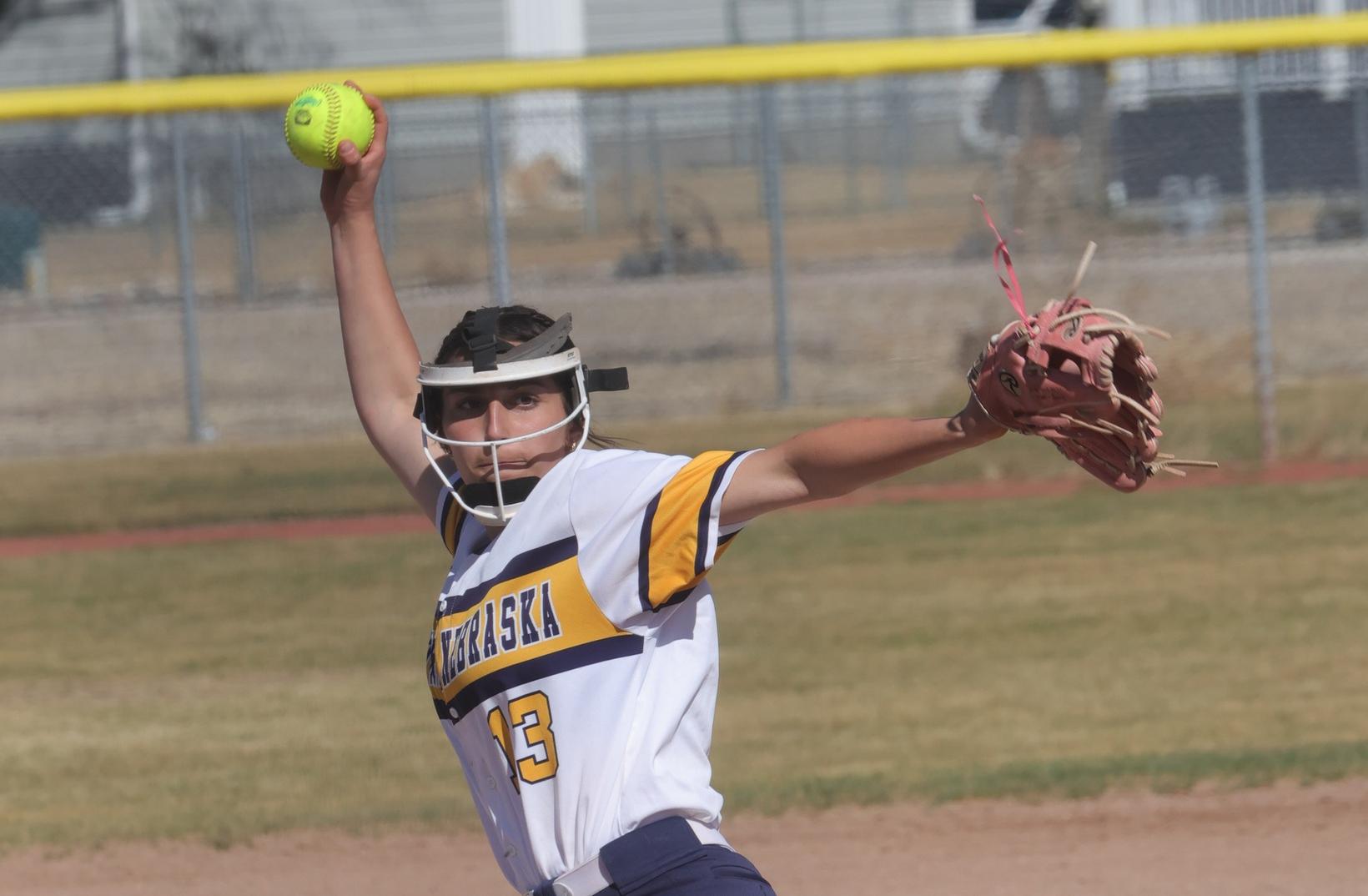 Mia Migliaccio delivers a pitch in game two against Miles on Sunday.