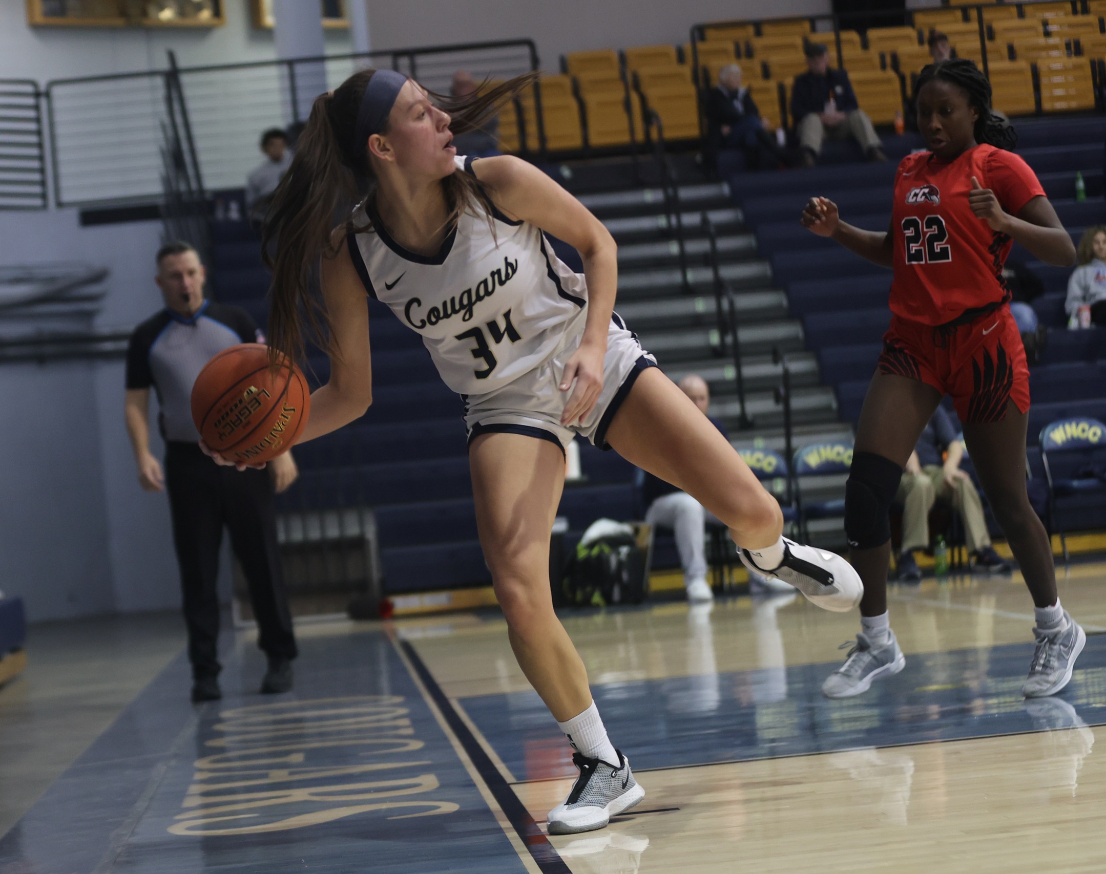 WNCC sophomore Nataly Dunka goes to make a pass as she is just inches from stepping out of bounds during their game with Casper on Saturday.