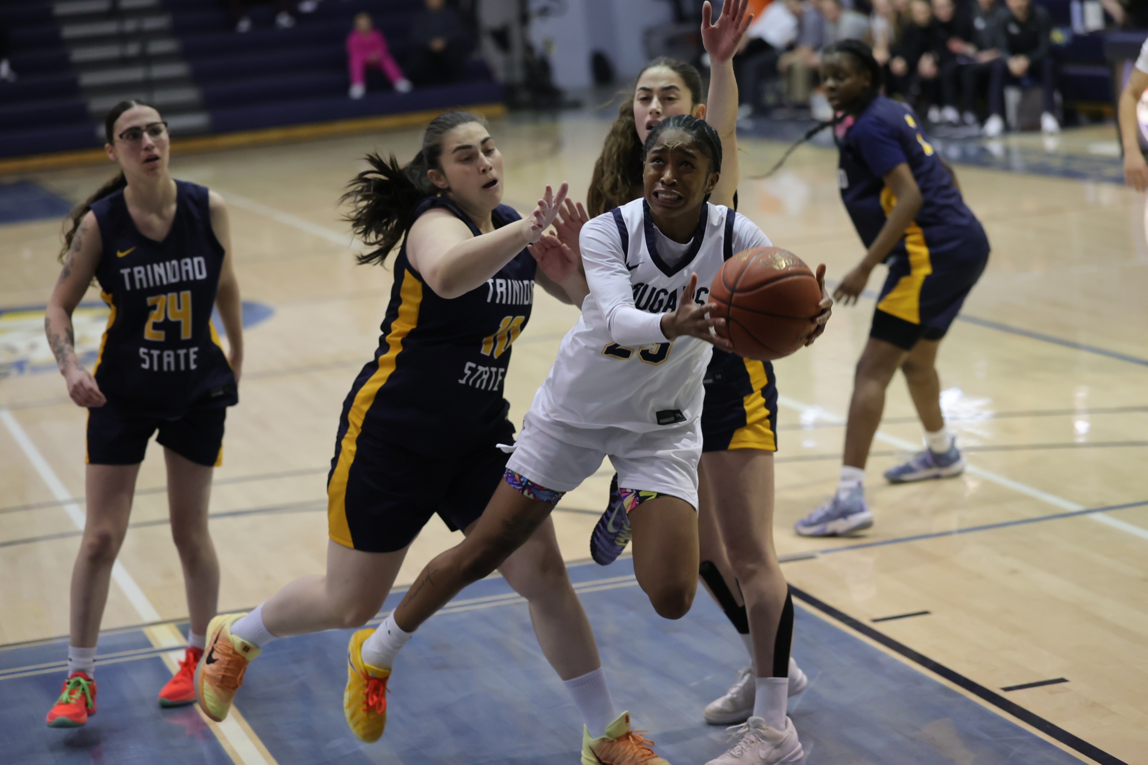 Charisma Johnson goes airbourne as she soars to the hoops for a bucket against Trinidad State on Wednesday.