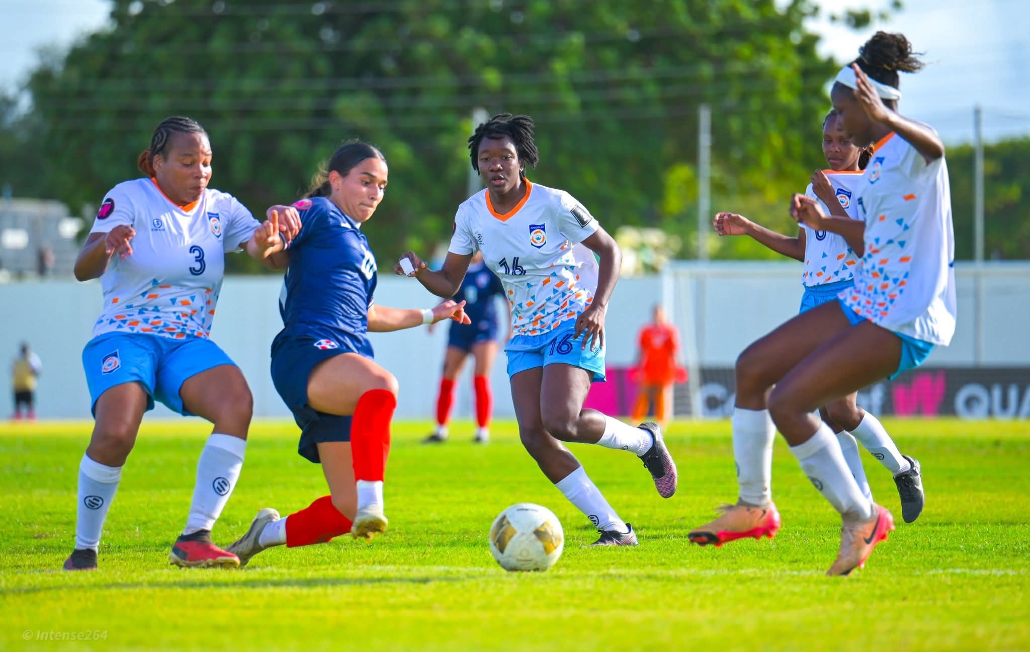 Aeiasha Lashley (No. 16) competes in a game with her national team of Anguilla, a Caribbean island country.