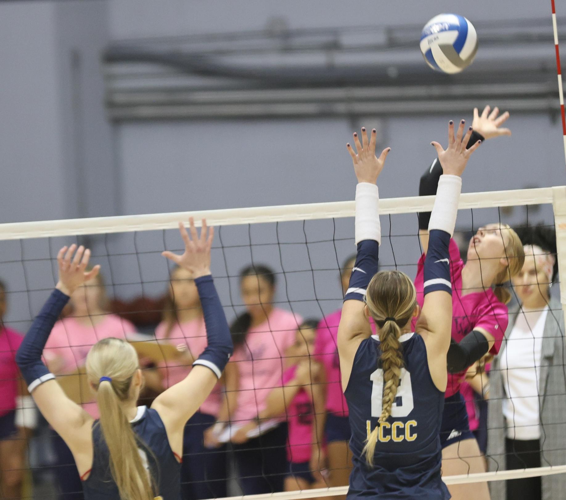 Tamika Eastman hits over the LCCC block in the first set.